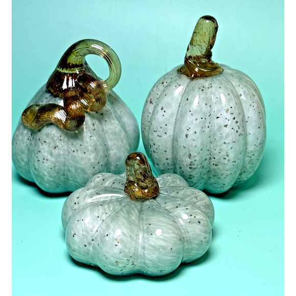 Unmarked Other - Trio Handblown Art Glass Pumpkins Pastel Pistachio Green Swirl Gold Flecks Stems